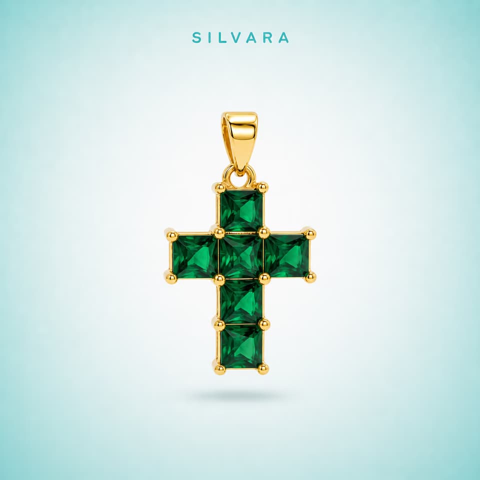 Подвеска крест с кристаллами — цвет кристаллов: зелёный, цвет — золото